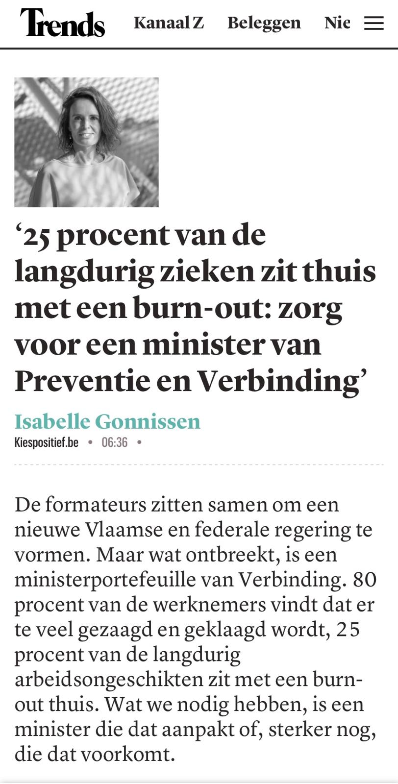 Mijn Opinie verschijnt op Trends en in De Standaard: een pleidooi voor een Minister van Preventie en Verbinding.